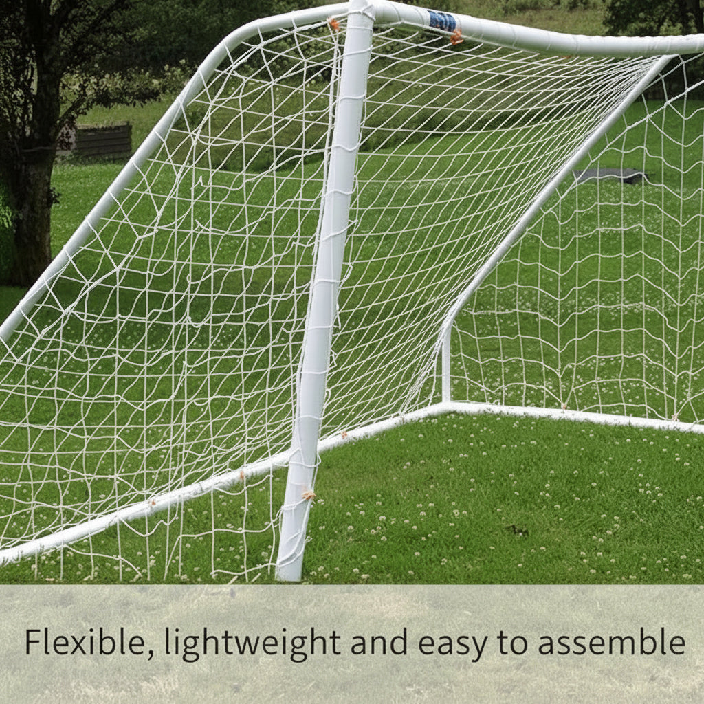 Soccer goal net on a grass field with text 'Flexible, lightweight and easy to assemble'.