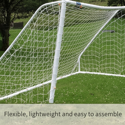Soccer goal net on a grass field with text 'Flexible, lightweight and easy to assemble'.