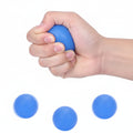 Hand holding a blue hand grip ball with text indicating it's for hand grip exercises on a white background.