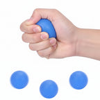 Hand holding a blue hand grip ball with text indicating it's for hand grip exercises on a white background.