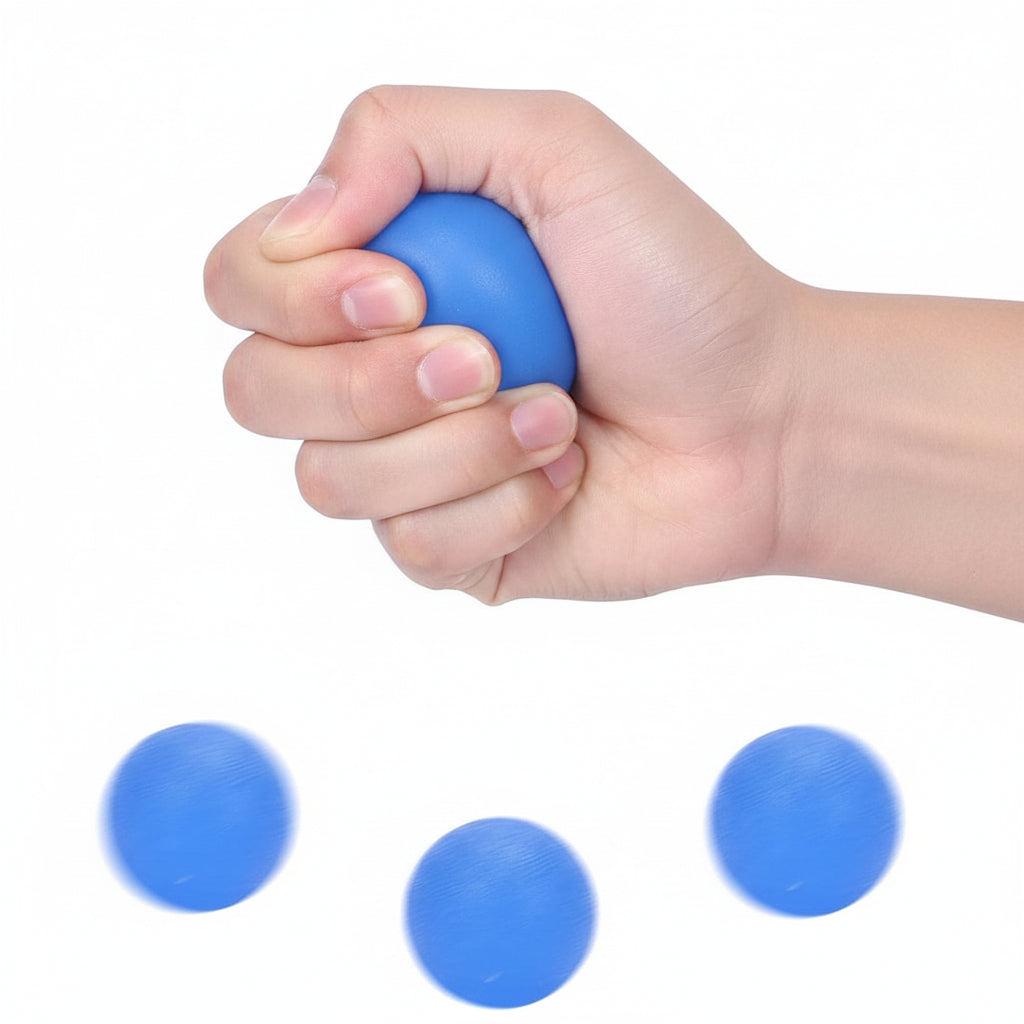 Hand holding a blue hand grip ball with text indicating it's for hand grip exercises on a white background.