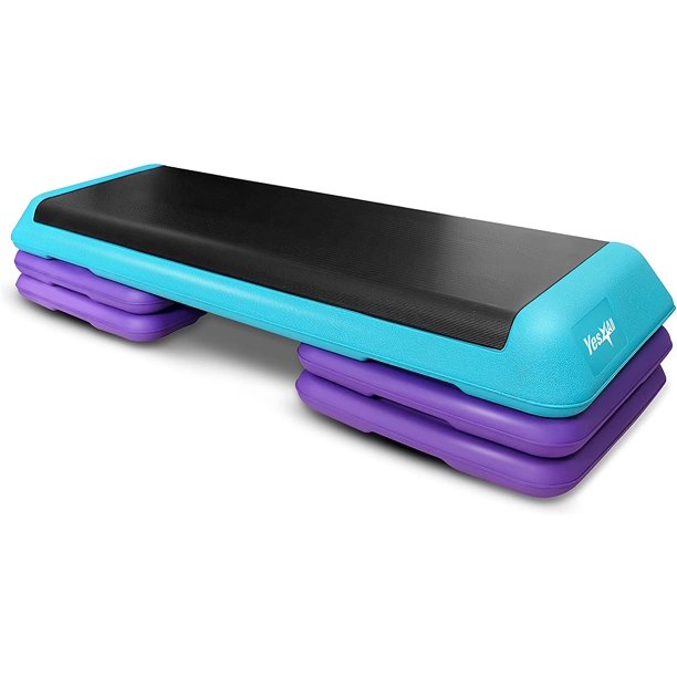 Step platform with black top and purple steps on a white background
