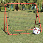 Soccer goal with a ball on a grassy field