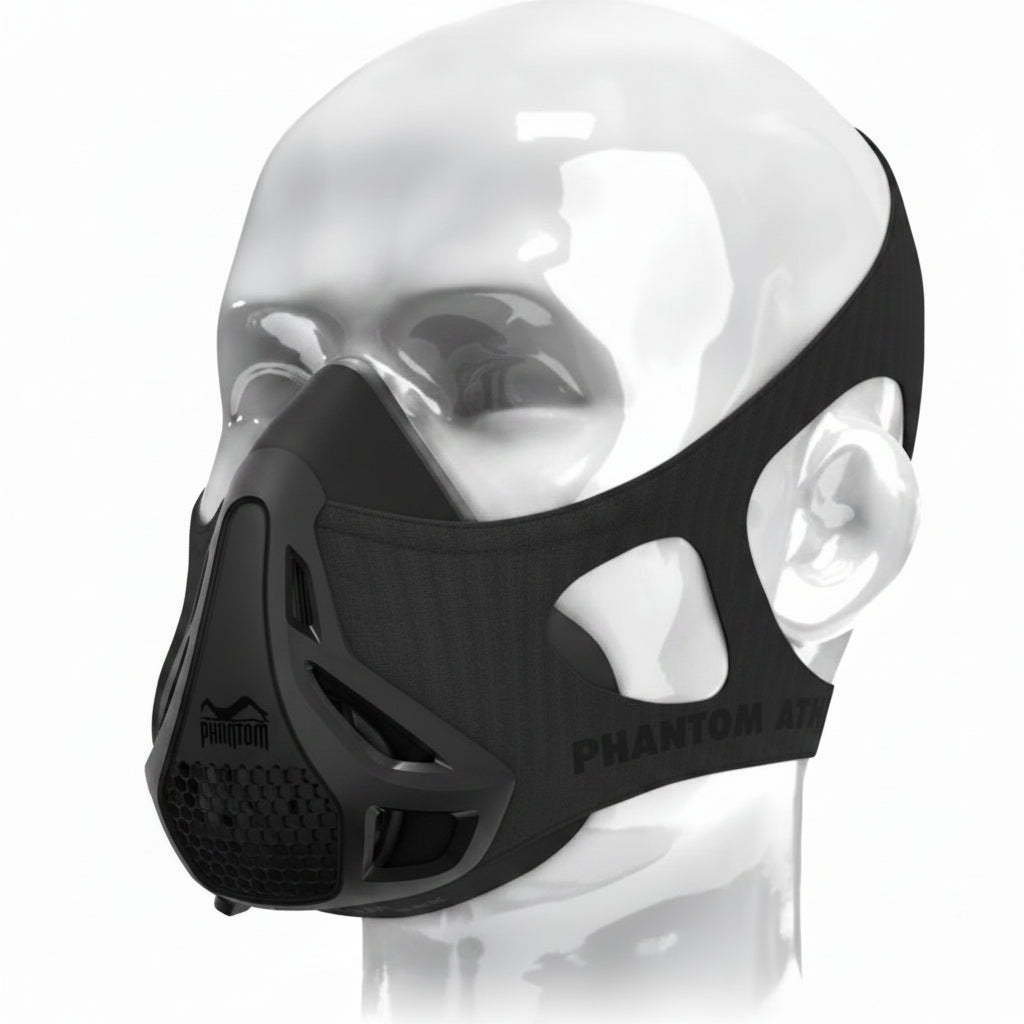 Black and gray athletic mask with 'Phantom Athletics' branding on a white background