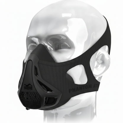 Black and gray athletic mask with 'Phantom Athletics' branding on a white background