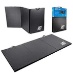 Black exercise mat with a brand logo, folded and unfolded, on a white background.
