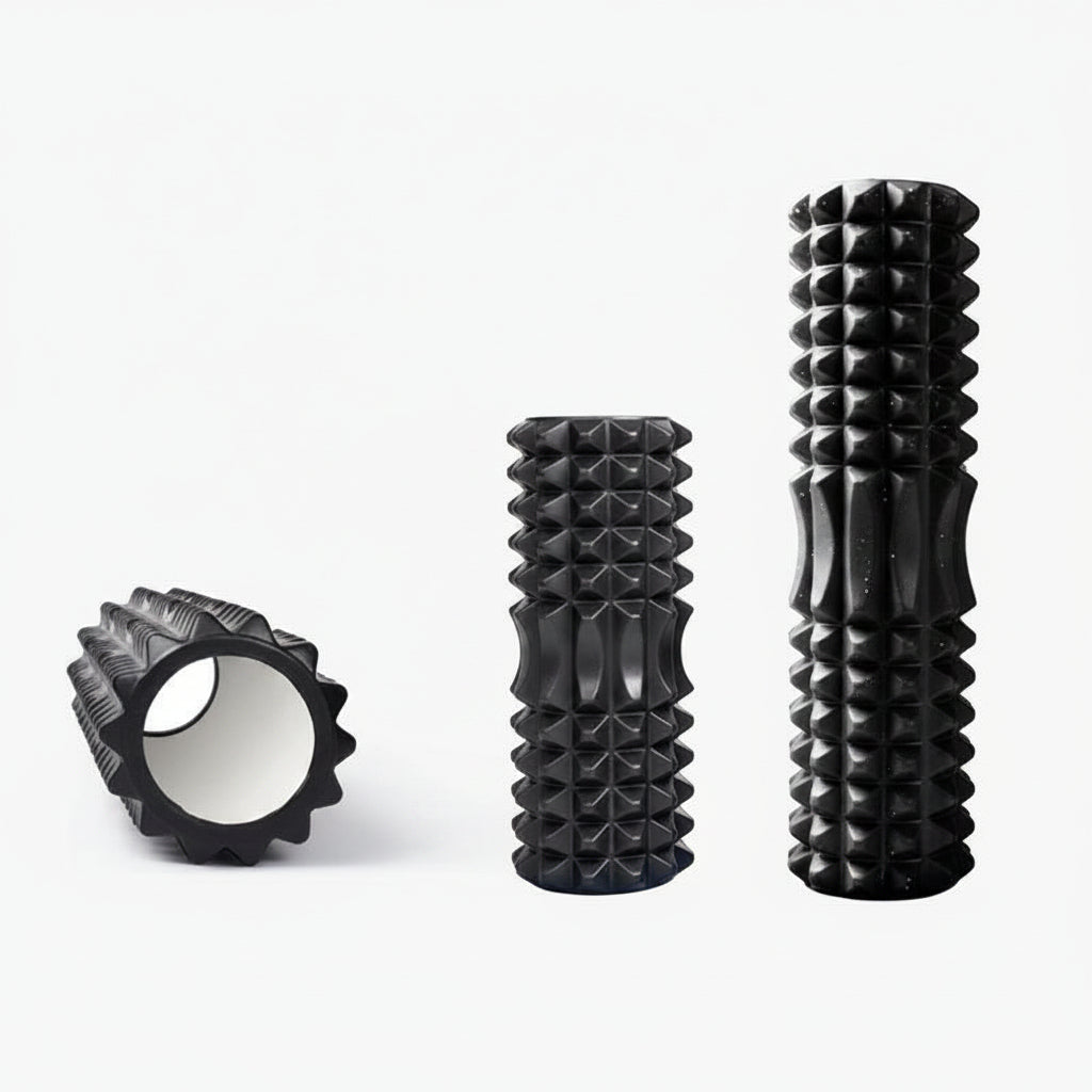 Black textured foam roller with measurements on a white background