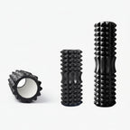 Black textured foam roller with measurements on a white background