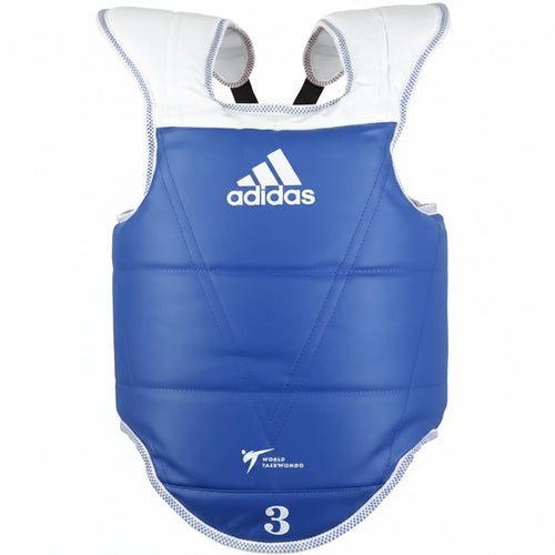 Blue protective vest with Adidas logo on a white background