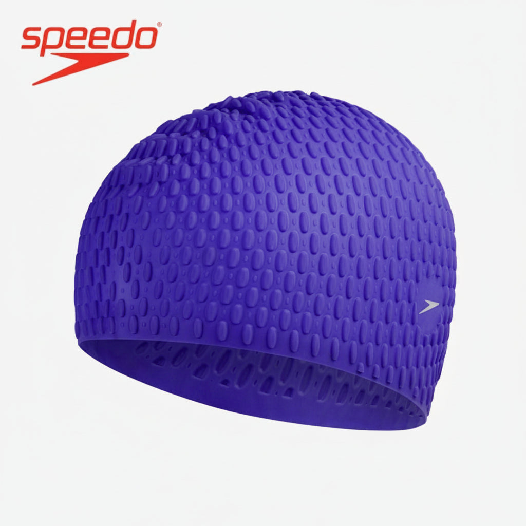 Purple swim cap with Speedo logo on a white background