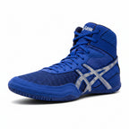 Blue athletic shoe with white logo on a white background