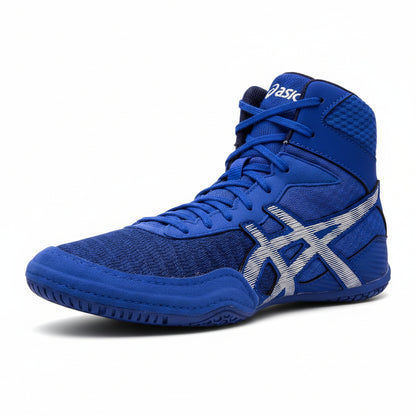 Blue athletic shoe with white logo on a white background