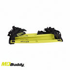 Yellow dog ramp with black straps on a white background, featuring the MD Buddy logo.