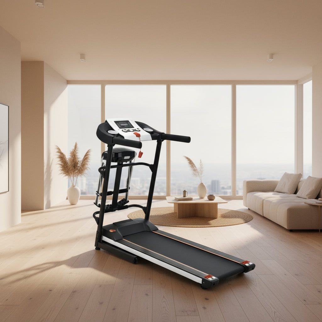 Foldable treadmill with digital display on a white background