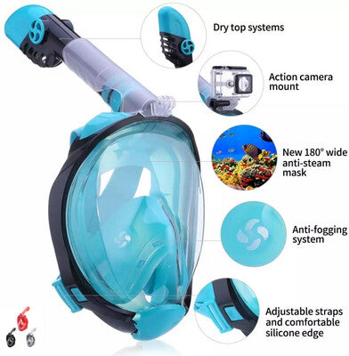 Snorkeling mask with features highlighted on a white background