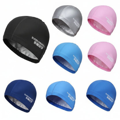 Set of six swim caps in different colors with brand name on a white background
