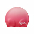 Pink swim cap with Speedo logo on a white background