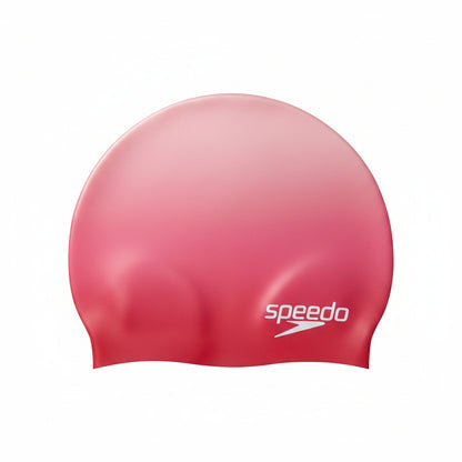 Pink swim cap with Speedo logo on a white background