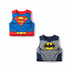 Collage of children with superhero-themed life vests on a beach.
