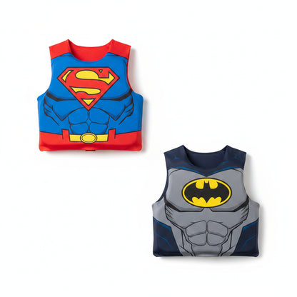 Collage of children with superhero-themed life vests on a beach.