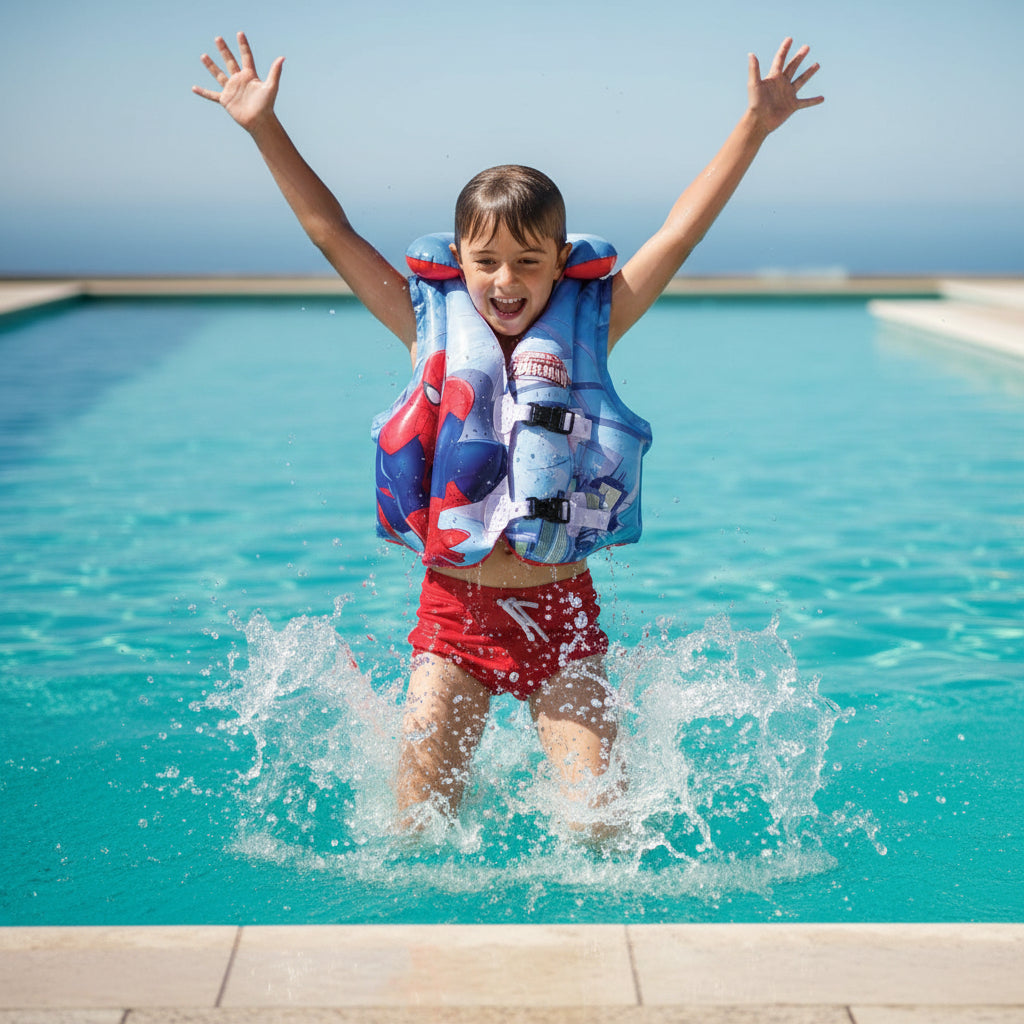 Spider-Man inflatable life jacket on a pool ledge