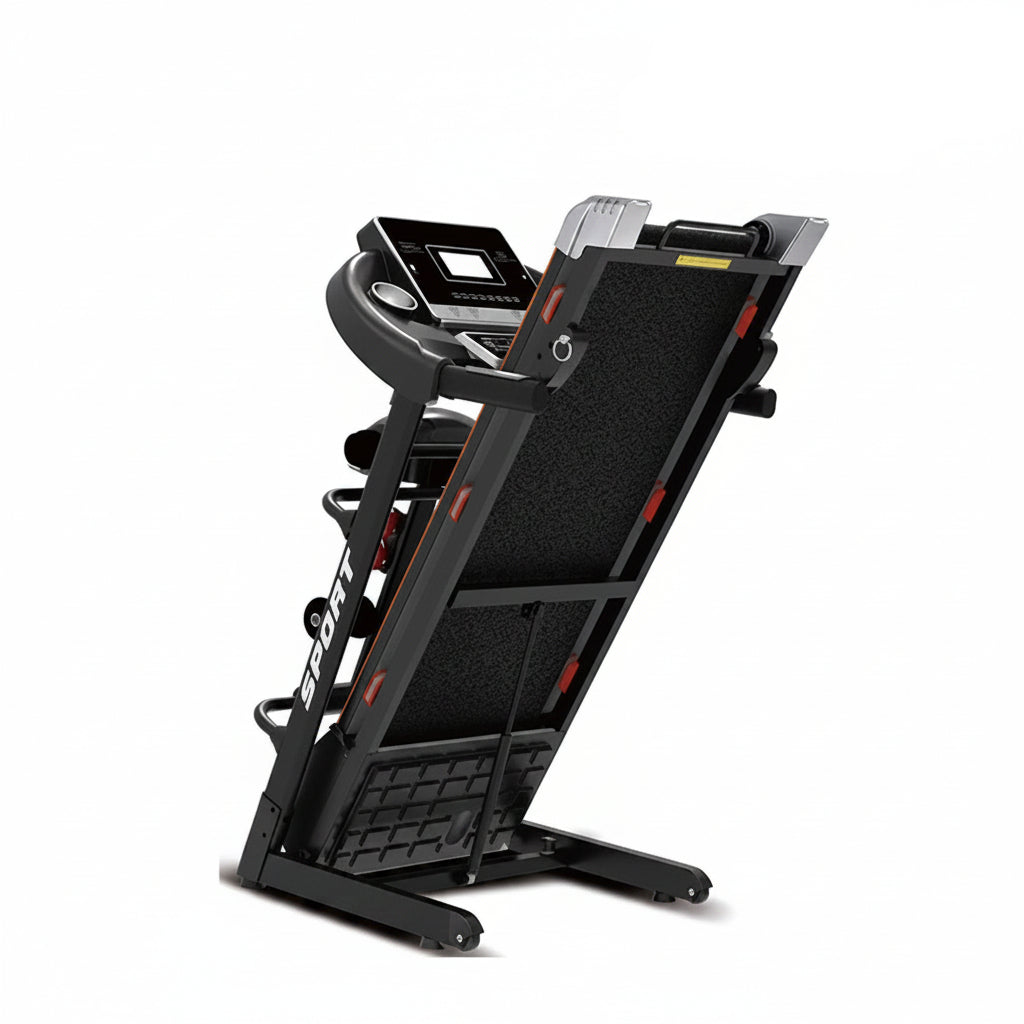 Black treadmill with digital display on a white background, featuring the brand 'LIJIUJIA'.