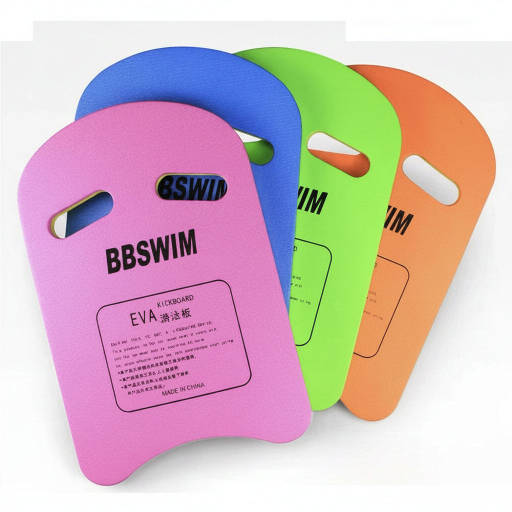 Four colorful swim paddles with 'BBSWIM' branding on a white background.