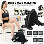 Mini cycle machine with digital display for exercise tracking, featuring a woman using it.