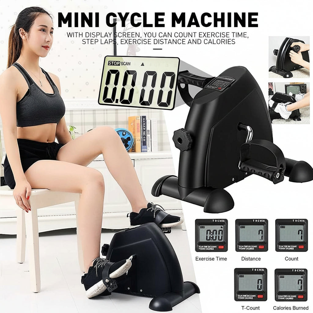 Mini cycle machine with digital display for exercise tracking, featuring a woman using it.