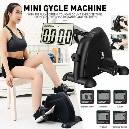 Mini cycle machine with digital display for exercise tracking, featuring a woman using it.