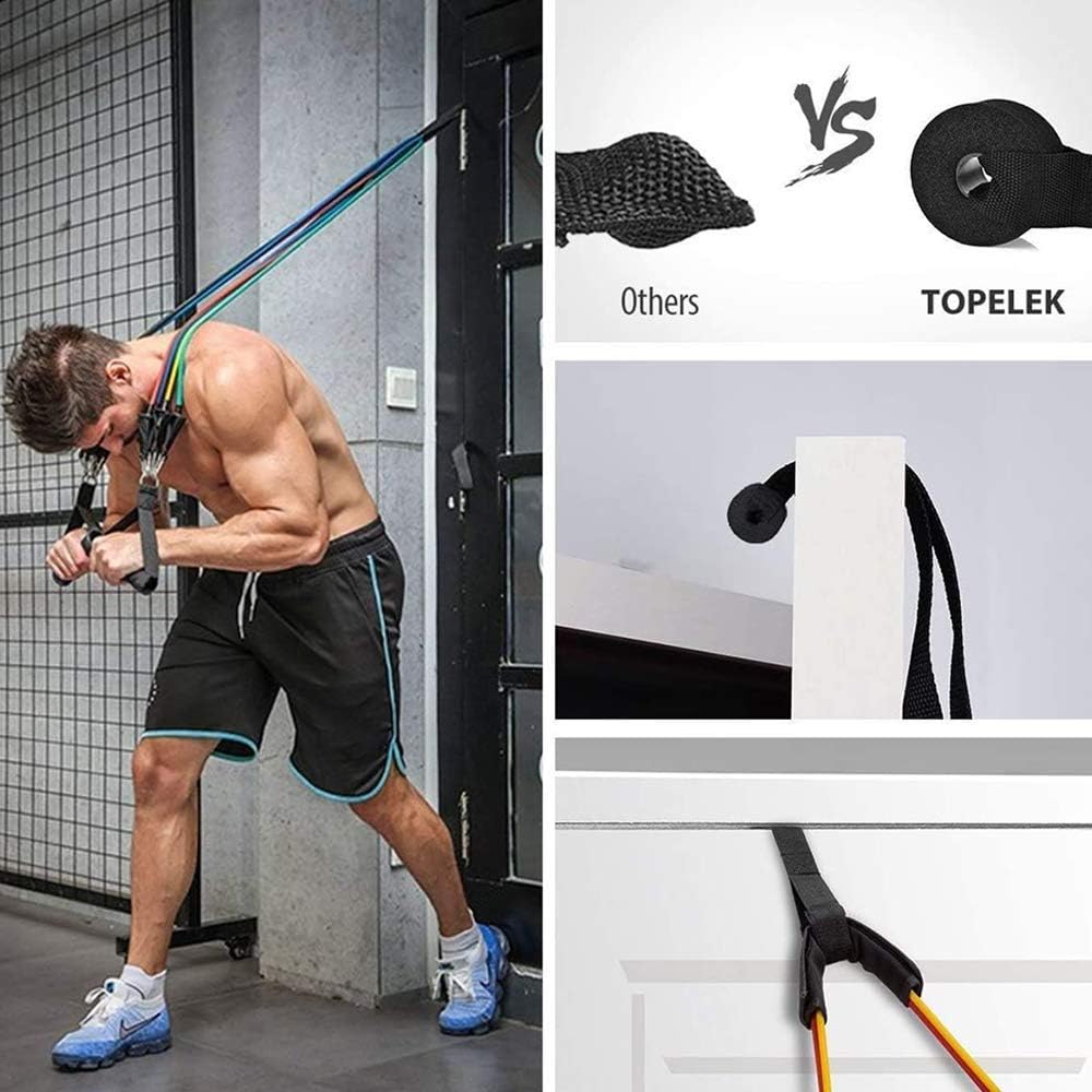 Man exercising with a resistance band, comparison with 'Others' brand, and TOPELEK branding.