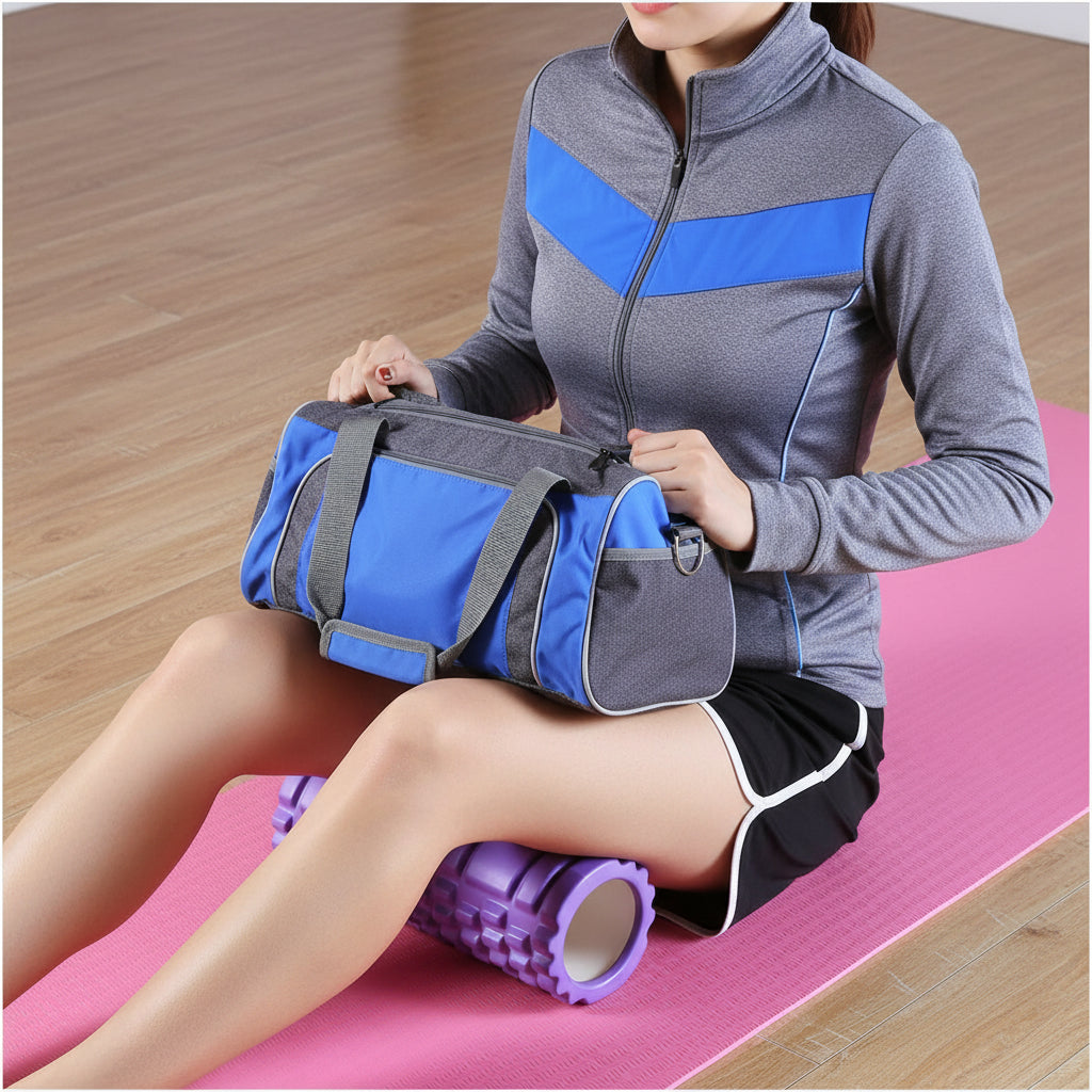 Person using a purple foam roller on a pink mat