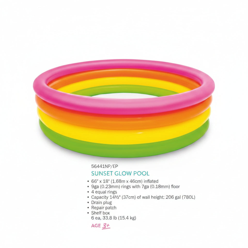 Colorful inflatable pool with product details on a white background