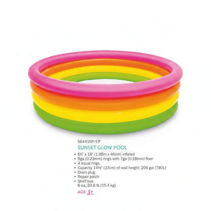 Colorful inflatable pool with product details on a white background