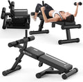 Black adjustable weight bench with a woman using it on a white background