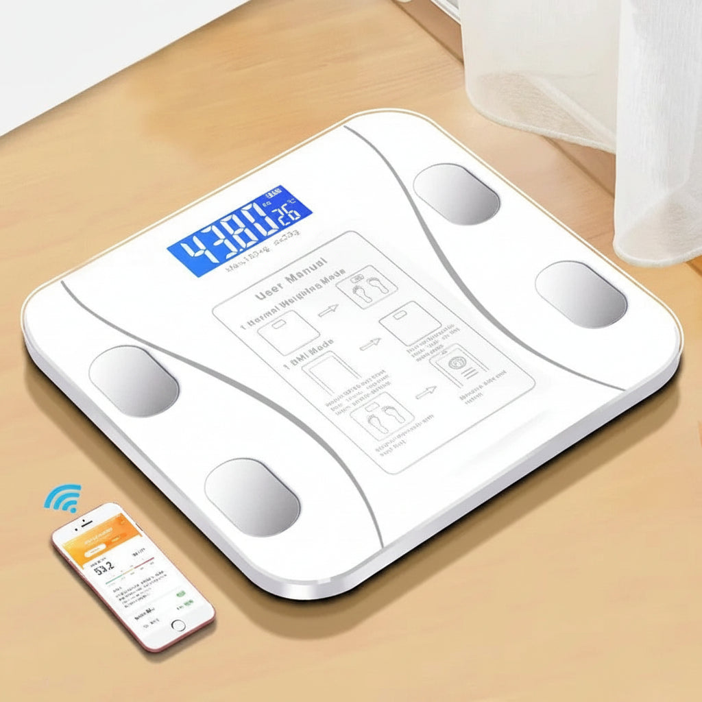 White digital body fat scale on a wooden surface with a smartphone displaying app.