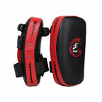 Black and red martial arts training pads with a brand logo on a white background