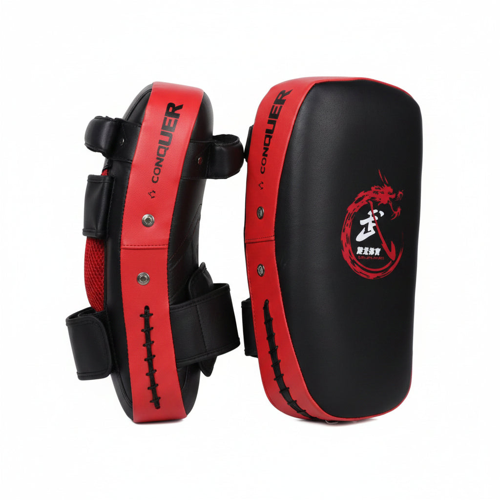 Black and red martial arts training pads with a brand logo on a white background