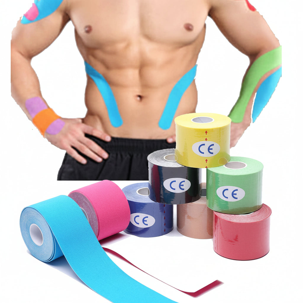 Colorful kinesiology tape rolls with a person wearing it on a white background