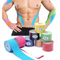 Colorful kinesiology tape rolls with a person wearing it on a white background
