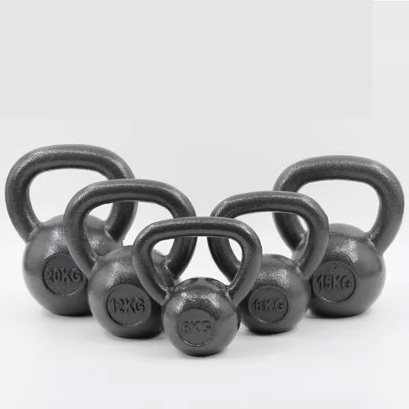 Five cast iron kettlebells in different weights (5kg, 6kg, 12kg, 15kg, 20kg) arranged in a semi-circle on a light gray background.