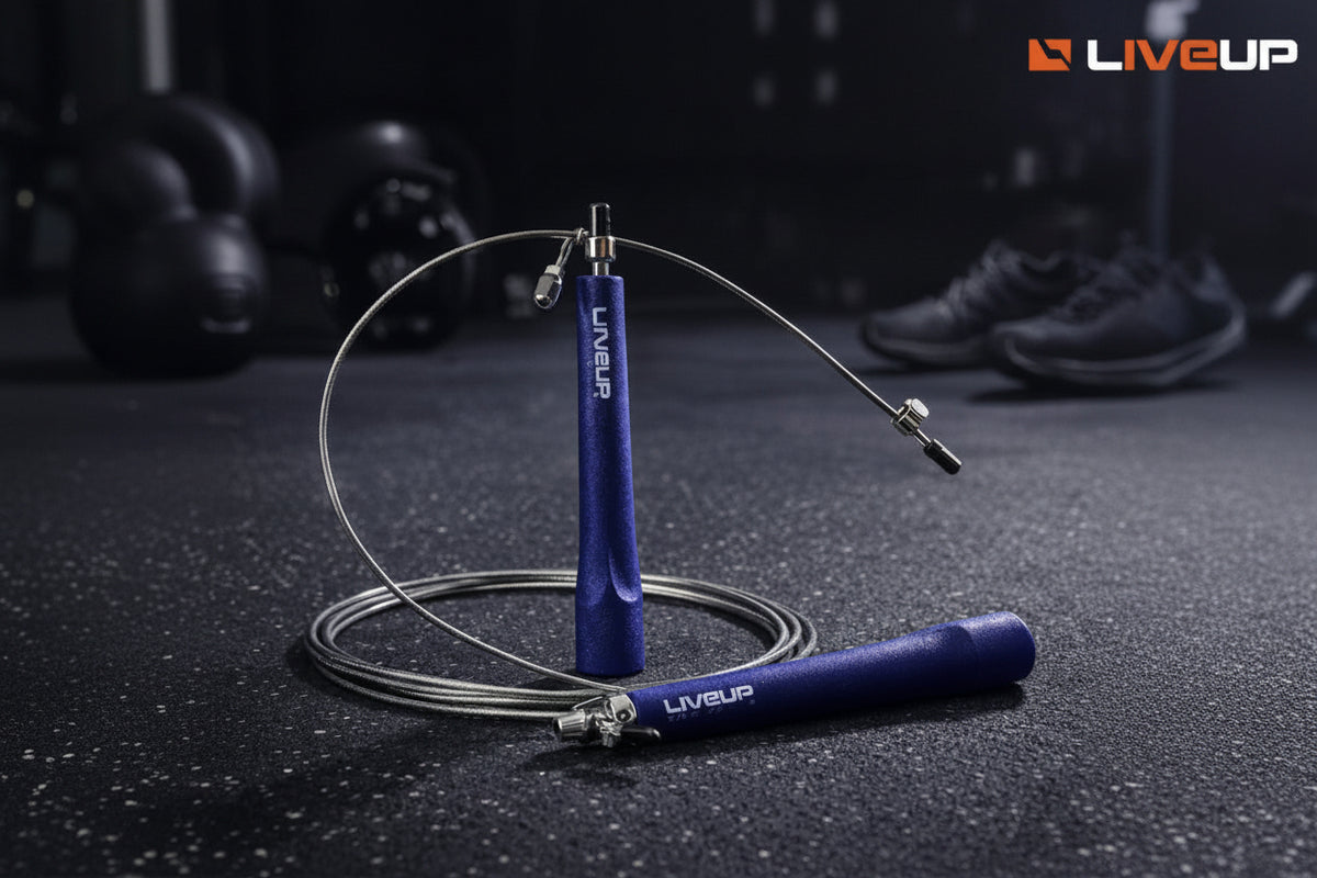 LiveUp jump rope on a dark textured surface with 'LiveUp' branding.