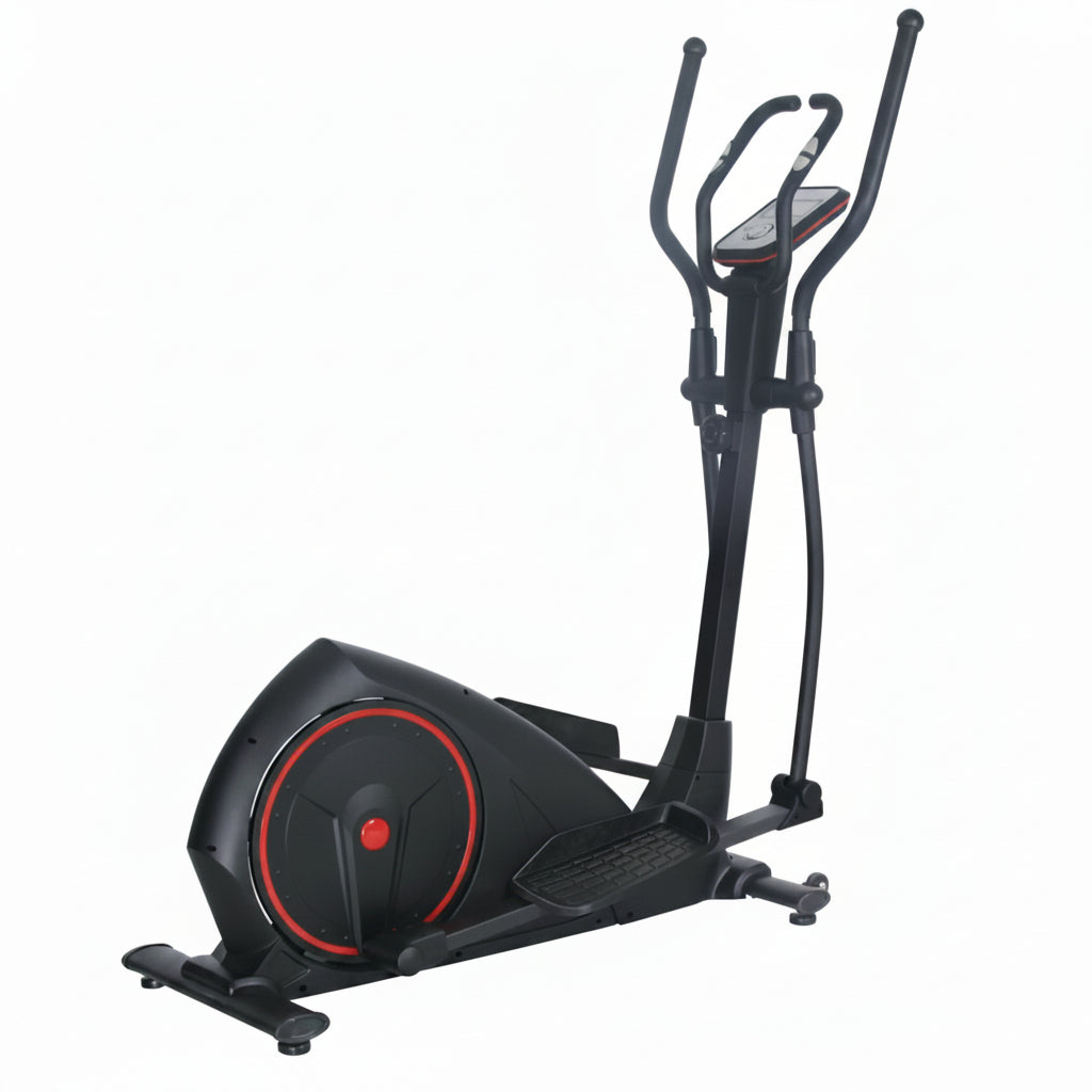 A black elliptical trainer with red accents, shown on a plain white background with 'WORLD FITNESS' text and a 'T&H&R' logo in the top left corner.