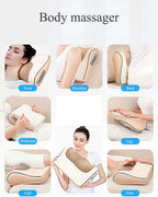 A collage showing a body massager being used on the neck, shoulder, back, abdomen, leg, calf, and foot, with a woman demonstrating how to hold and massage the device. The text 'Body massager' appears at the top.