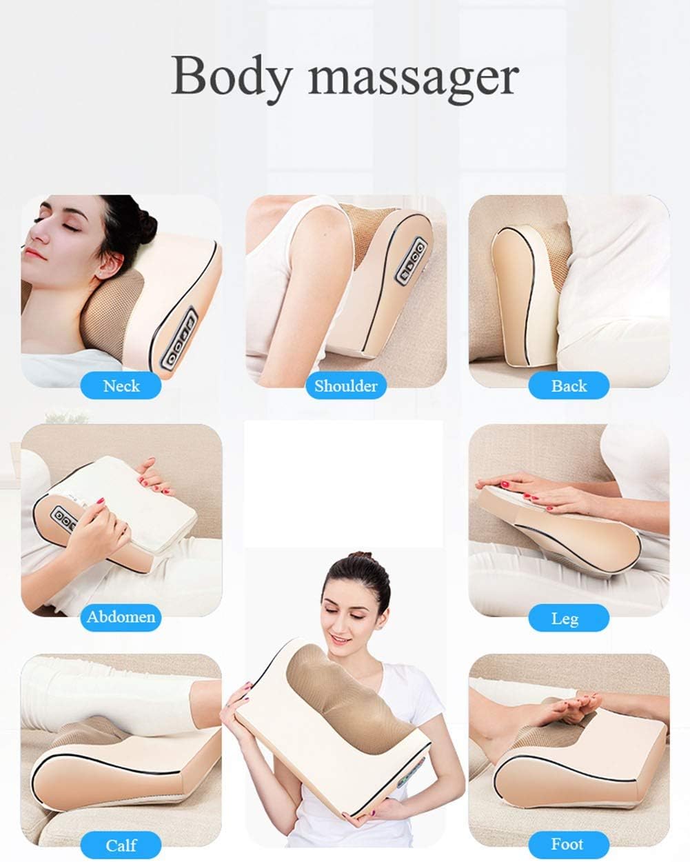 A collage showing a body massager being used on the neck, shoulder, back, abdomen, leg, calf, and foot, with a woman demonstrating how to hold and massage the device. The text 'Body massager' appears at the top.