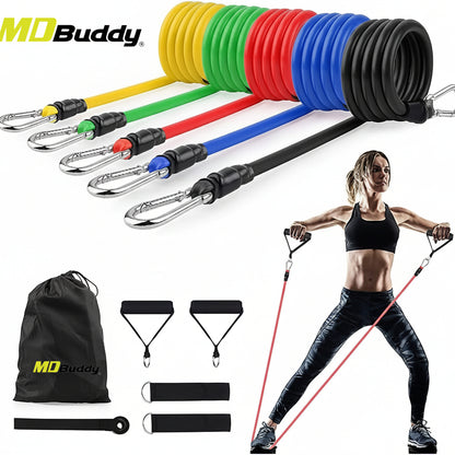 Nature Therapy Home Fitness Accessory Resistance Tube Resistant Bands Set (11 PCS) With Carrying Bag Muscle Building Strength Training Yoga Pull Rope Home Gym Equipment
