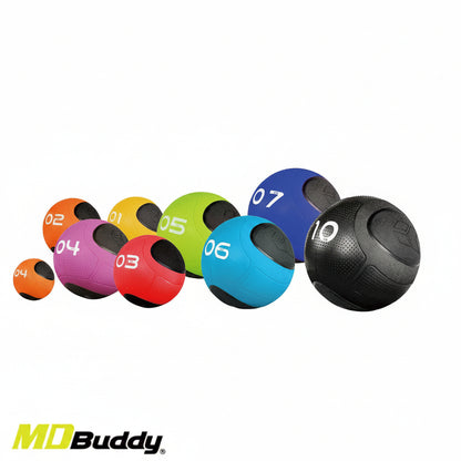 Set of colorful medicine balls with numbers on a white background, featuring the MD Buddy brand.