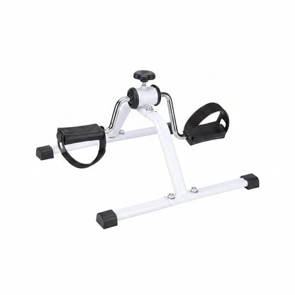 A white and black abdominal exercise pedal exerciser machine with foot 