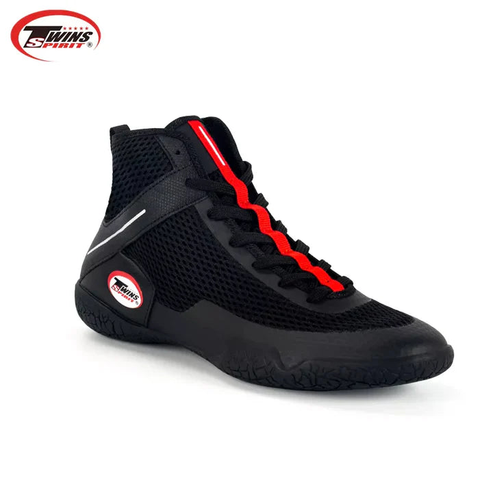 Black high-top sneaker with red accents on a white background, featuring Twins Spirit logo.