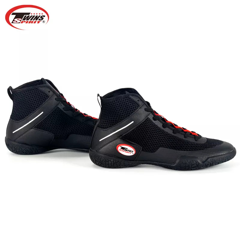 Black high-top sneakers with red accents on a white background, featuring Twins Spirit logo.